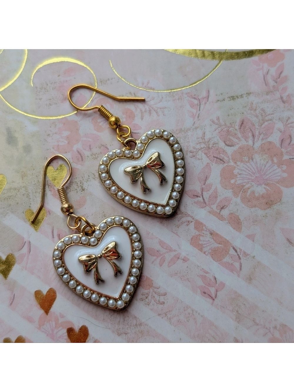 Gold and White Valentine's Day Heart Earrings with Bow Design